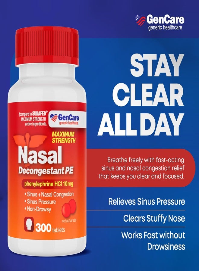 GenCare Nasal Decongestant PE – Phenylephrine HCl 10mg Tablets (Bulk 300 Count) Non-Drowsy Sinus Pressure Relief & Nasal Congestion Relief, Stuffy Nose Decongestants for Adults – Compare to Sudafed PE - Image 2